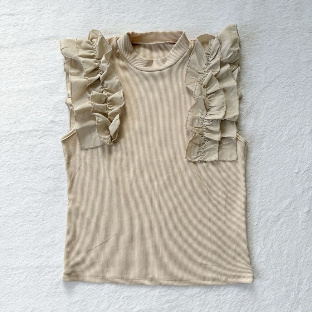 Women’s Ribbed Ruffle Sleeveless Top Cream Polyester Stretch Size Large